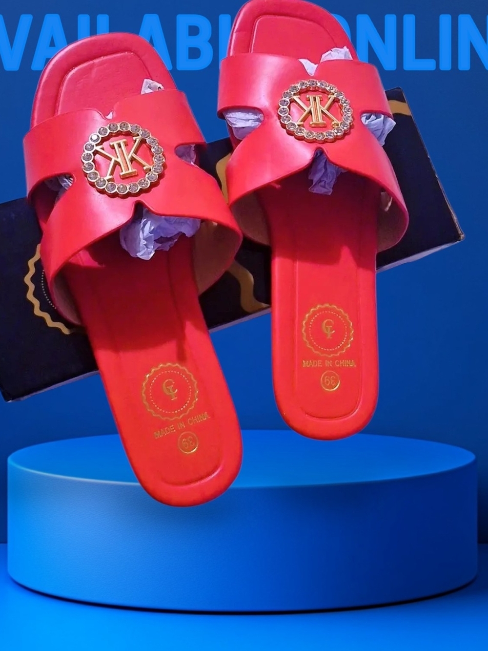 Women's Red Slip-On Mules with Decorative Medallion